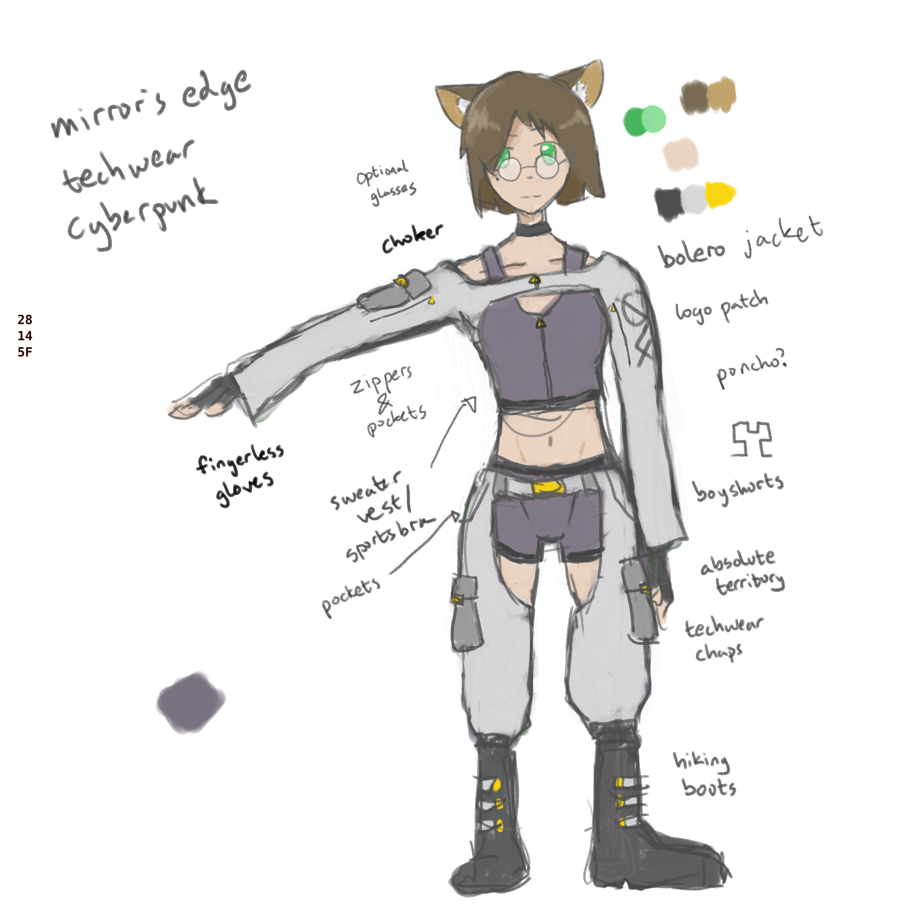 An anime-style sketch. A small color swatch is in the top right, and exodrifter is facing forward. Elements of her attire are labeled; notably, she is wearing a techwear-style bolero jacket and chaps, with a crop top sweater vest and gym shorts underneath. She is also wearing hiking boots, a choker, and glasses. The clothes are gray or have the hex color #786f7e and are accented with gold.