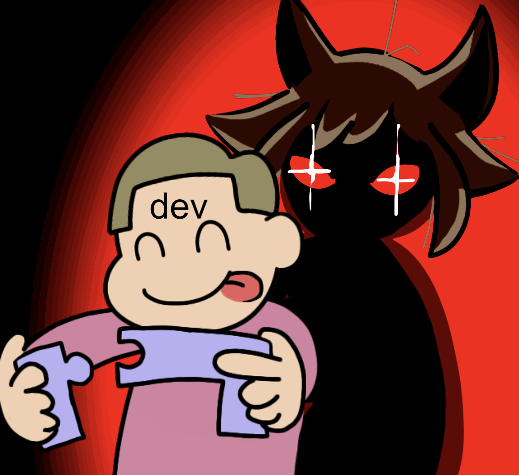 On a dark red backlit background, exodrifter looms behind a clueless developer who is putting together two puzzle pieces together that make a square bracket shape, with a glint in her red eyes.