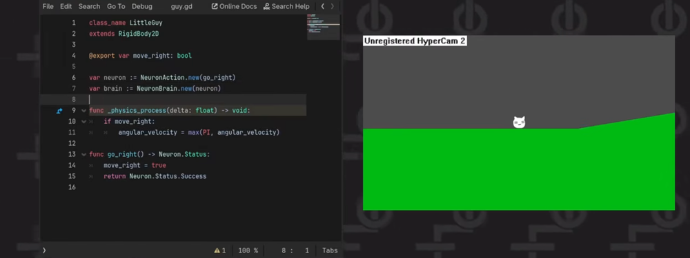 A screenshot of type-safe behavior trees in godot at 4:38, depicting the Godot code editor to the left and the viewport with the little guy to the right.